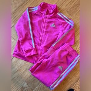 Adidas 3 stripe tracksuit 2 piece Barbie pink silver zipper jacket sweatpants